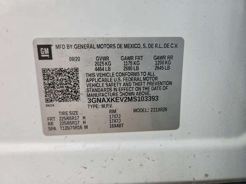 2021 Chevrolet Equinox მანქანა იყიდება აუქციონზე, vin: 3GNAXKEV2MS103393, აუქციონის ნომერი: 67936716