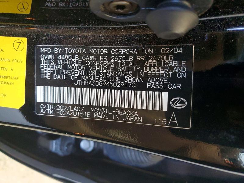 Aukcja sprzedaży 2004 Lexus Es, vin: JTHBA30G945029170, numer aukcji: 67848606