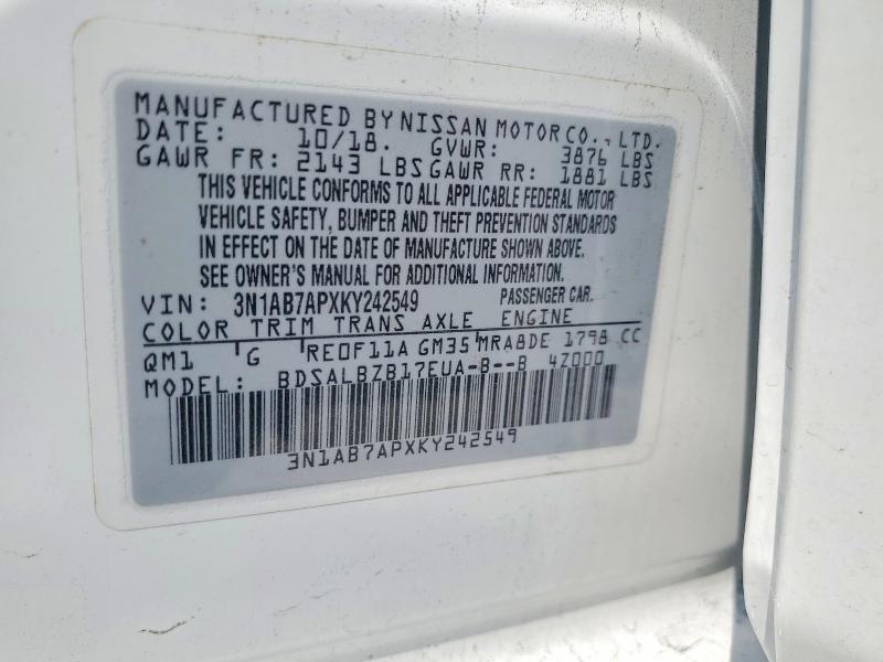Продажа на аукционе авто 2019 Nissan Sentra, vin: 3N1AB7APXKY242549, номер лота: 67243026