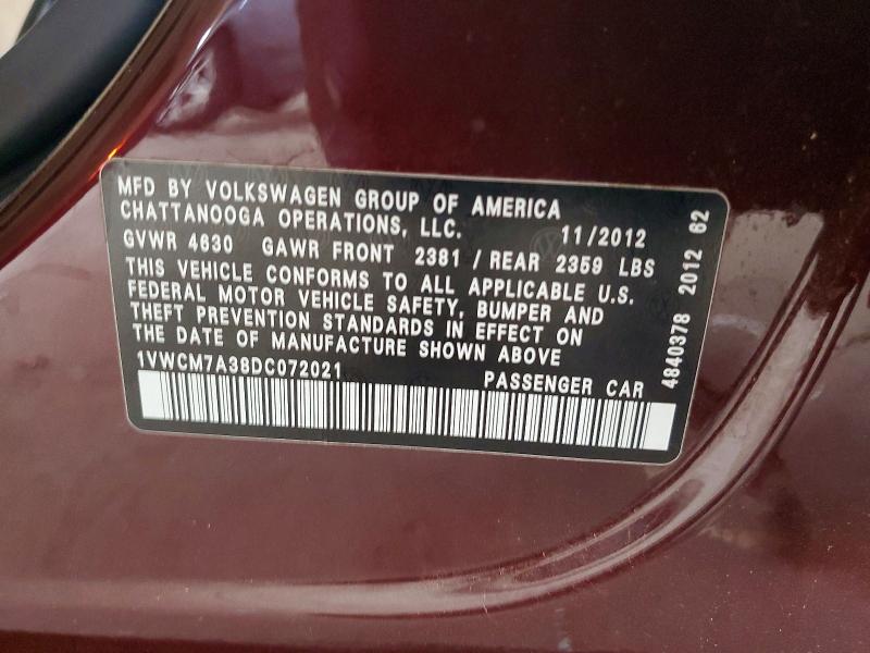 69545076 :رقم المزاد ، 1VWCM7A38DC072021 vin ، 2013 Volkswagen Passat مزاد بيع