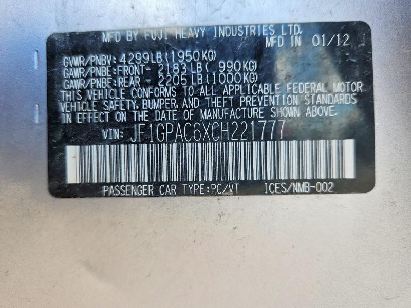 Продаж на аукціоні авто 2012 Subaru Impreza, vin: JF1GPAC6XCH221777, номер лоту: 67736376