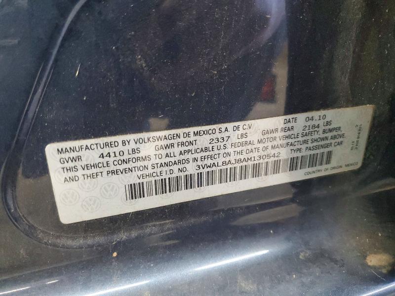 2010 Volkswagen Jetta მანქანა იყიდება აუქციონზე, vin: 3VWAL8AJ8AM130542, აუქციონის ნომერი: 68431846