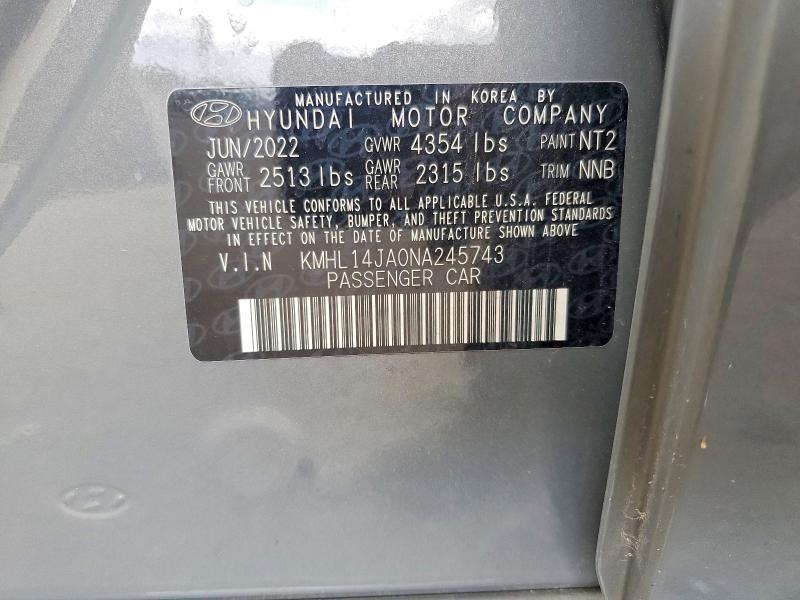 2022 Hyundai Sonata მანქანა იყიდება აუქციონზე, vin: KMHL14JA0NA245743, აუქციონის ნომერი: 70917356