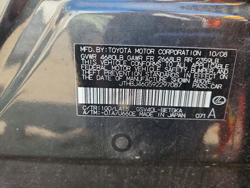 Aukcja sprzedaży 2009 Lexus Es, vin: JTHBJ46G592297087, numer aukcji: 69458206