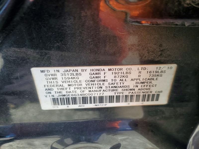 70719416 :رقم المزاد ، JHMGE8G34BC007127 vin ، 2011 Honda Fit مزاد بيع
