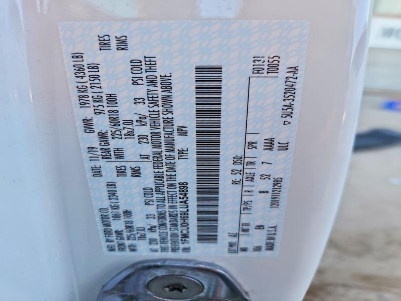 70103626 :رقم المزاد ، 1FMCU0H69LUA54898 vin ، 2020 Ford Escape مزاد بيع
