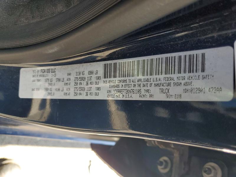 2019 Ram 1500 მანქანა იყიდება აუქციონზე, vin: 1C6RREFT2KN761105, აუქციონის ნომერი: 69009286