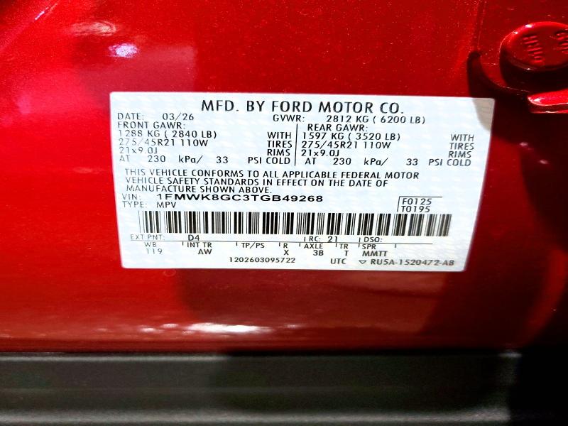 66267966 :رقم المزاد ، 1FMWK8GC3TGB49268 vin ، 2026 Ford Explorer مزاد بيع