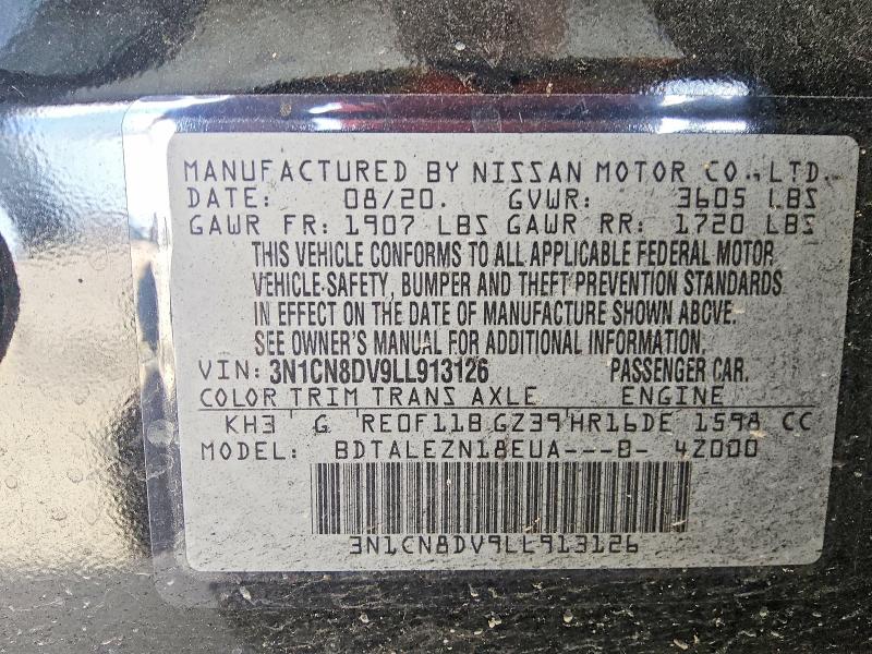 2020 Nissan Versa მანქანა იყიდება აუქციონზე, vin: 3N1CN8DV9LL913126, აუქციონის ნომერი: 68120046