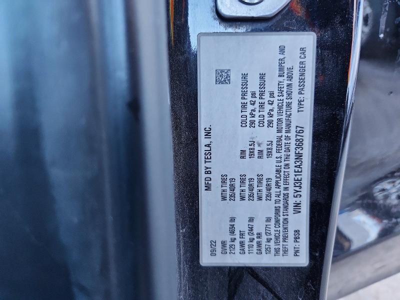 2022 Tesla Model 3 მანქანა იყიდება აუქციონზე, vin: 5YJ3E1EA3NF368767, აუქციონის ნომერი: 69828886