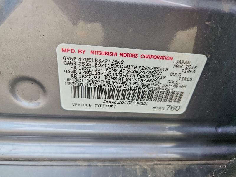 68402566 :رقم المزاد ، JA4AZ3A31GZ036221 vin ، 2016 Mitsubishi Outlander مزاد بيع