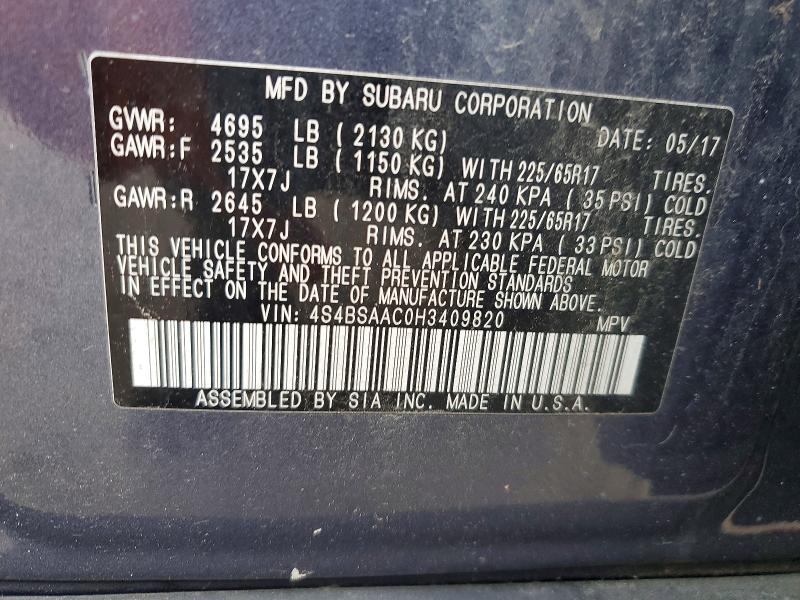 Продаж на аукціоні авто 2017 Subaru Outback, vin: 4S4BSAAC0H3409820, номер лоту: 69871586