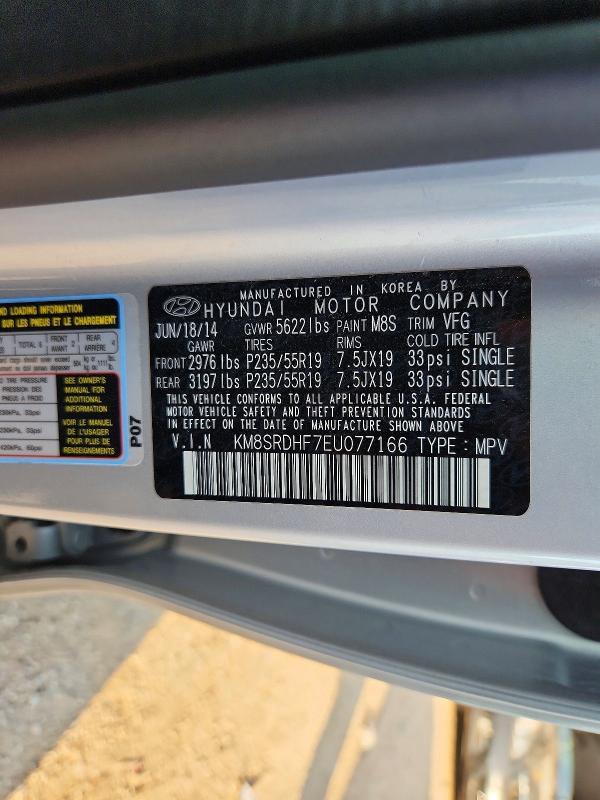 2014 Hyundai Santa Fe მანქანა იყიდება აუქციონზე, vin: KM8SRDHF7EU077166, აუქციონის ნომერი: 67005816