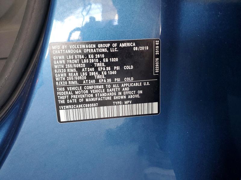 Aukcja sprzedaży 2019 Volkswagen Atlas, vin: 1V2WR2CA9KC593597, numer aukcji: 68374116
