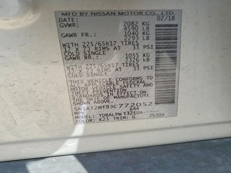 68753106 :رقم المزاد ، 5N1AT2MT9JC772052 vin ، 2018 Nissan Rogue مزاد بيع