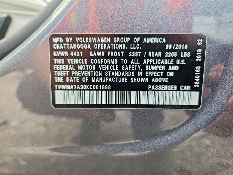 Aukcja sprzedaży 2019 Volkswagen Passat, vin: 1VWMA7A30KC001888, numer aukcji: 68222586