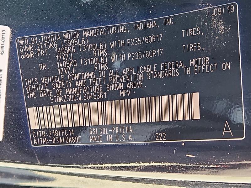 Продаж на аукціоні авто 2020 Toyota Sienna, vin: 5TDKZ3DC5LS045361, номер лоту: 68712666