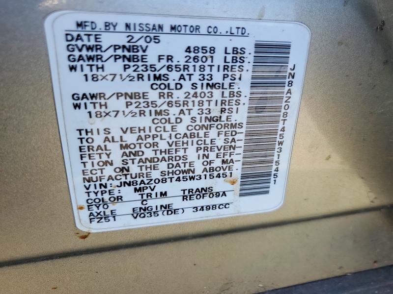 Aukcja sprzedaży 2005 Nissan Murano, vin: JN8AZ08T45W315451, numer aukcji: 71066276