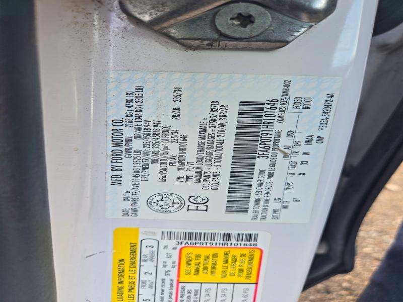 67601236 :رقم المزاد ، 3FA6P0T91HR101646 vin ، 2017 Ford Fusion مزاد بيع