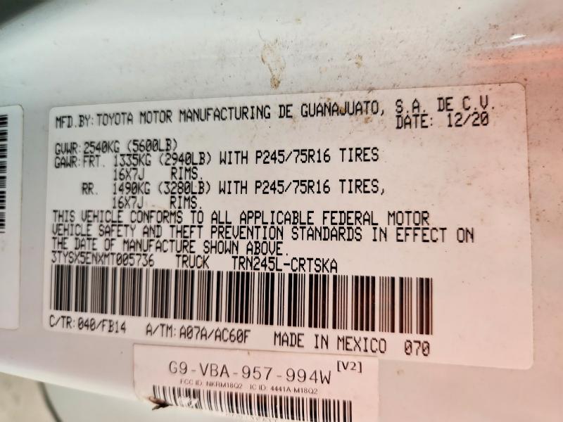 2021 Toyota Tacoma მანქანა იყიდება აუქციონზე, vin: 3TYSX5ENXMT005736, აუქციონის ნომერი: 70492316