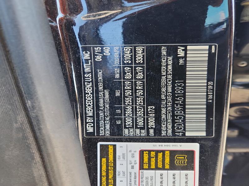 2015 Mercedes-benz Ml მანქანა იყიდება აუქციონზე, vin: 4JGDA5JB9FA618931, აუქციონის ნომერი: 69313536