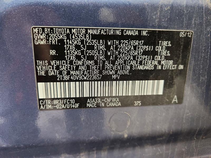 Aukcja sprzedaży 2012 Toyota Rav4, vin: 2T3BF4DV9CW223657, numer aukcji: 69891586