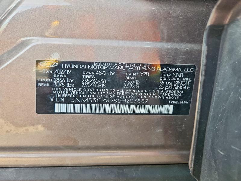 70185306 :رقم المزاد ، 5NMS3CAD8LH207887 vin ، 2020 Hyundai Santa Fe مزاد بيع