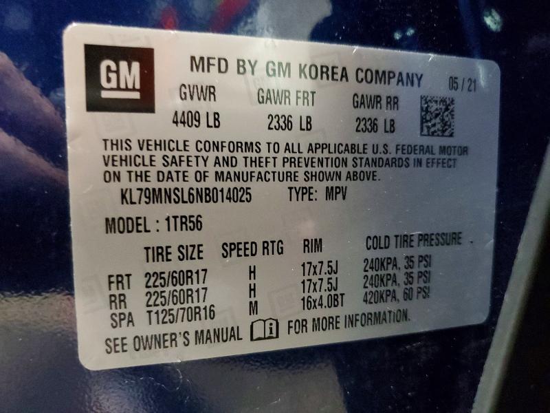 2022 Chevrolet Trailblazer მანქანა იყიდება აუქციონზე, vin: KL79MNSL6NB014025, აუქციონის ნომერი: 69336246