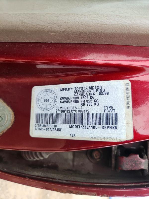 Продаж на аукціоні авто 2000 Toyota Corolla, vin: 2T1BR12EXYC786372, номер лоту: 67723196