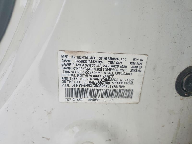 67693796 :رقم المزاد ، 5FNYF6H9XGB069510 vin ، 2016 Honda Pilot مزاد بيع