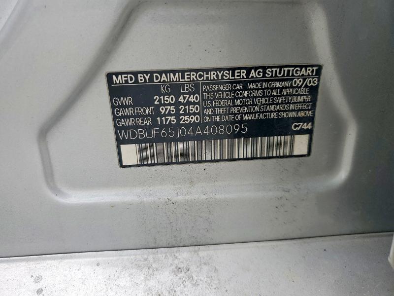 2004 Mercedes-benz E მანქანა იყიდება აუქციონზე, vin: WDBUF65J04A408095, აუქციონის ნომერი: 67182046