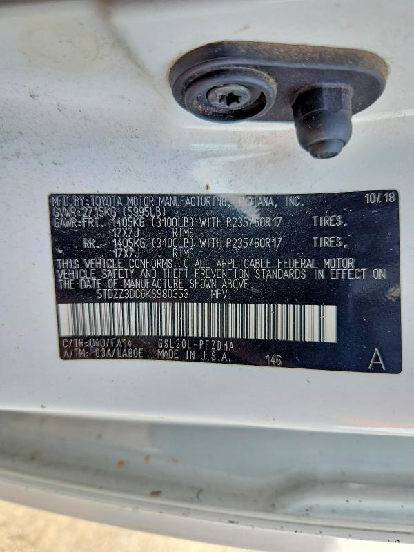 Продажа на аукционе авто 2019 Toyota Sienna, vin: 5TDZZ3DC6KS980353, номер лота: 68743226