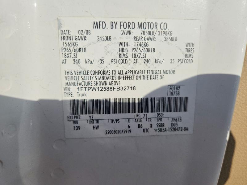 2008 Ford F150 მანქანა იყიდება აუქციონზე, vin: 1FTPW12588FB32718, აუქციონის ნომერი: 69432376