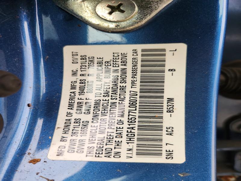 Aukcja sprzedaży 2007 Honda Civic, vin: 1HGFA16577L060707, numer aukcji: 69669276
