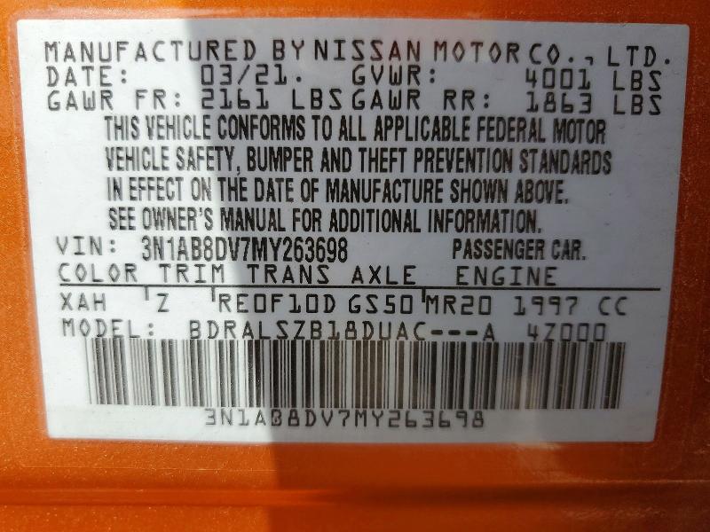 Aukcja sprzedaży 2021 Nissan Sentra, vin: 3N1AB8DV7MY263698, numer aukcji: 68225326