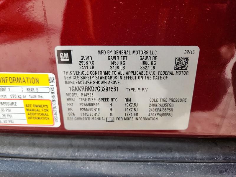 67362816 :رقم المزاد ، 1GKKRRKD7GJ291561 vin ، 2016 Gmc Acadia مزاد بيع