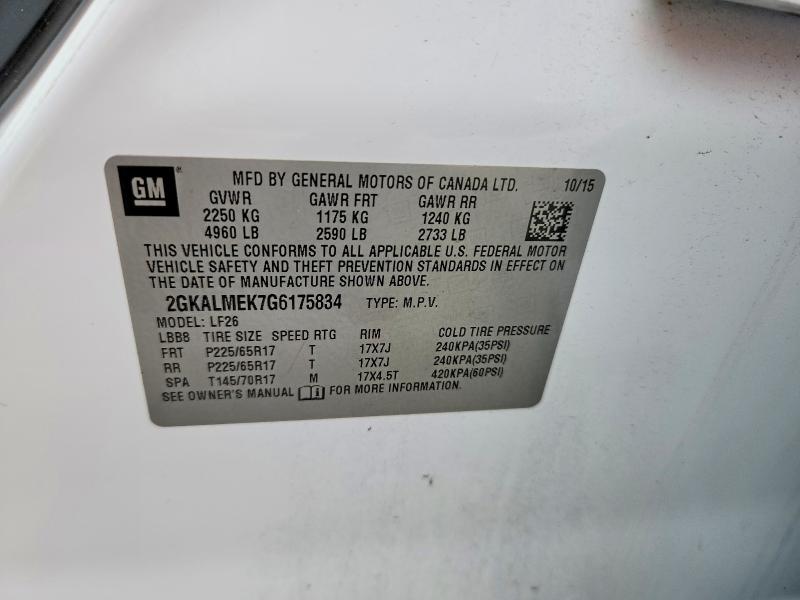 Aukcja sprzedaży 2016 Gmc Terrain, vin: 2GKALMEK7G6175834, numer aukcji: 67501556