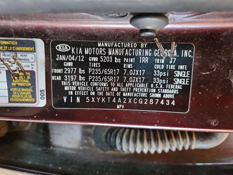 67326816 :رقم المزاد ، 5XYKT4A2XCG287434 vin ، 2012 Kia Sorento مزاد بيع