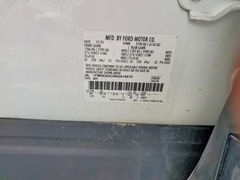 67779446 :رقم المزاد ، 1FM5K8GC0NGA18670 vin ، 2022 Ford Explorer مزاد بيع