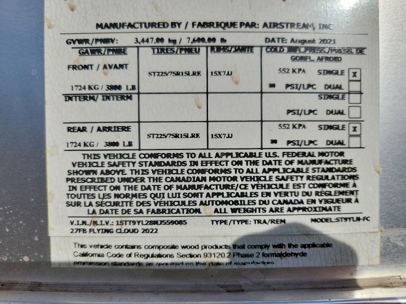 2022 Airstream Unknown მანქანა იყიდება აუქციონზე, vin: 1STT9YL28NJ559085, აუქციონის ნომერი: 68603656