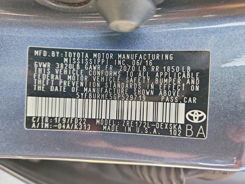 Aukcja sprzedaży 2016 Toyota Corolla, vin: 5YFBURHE5GP529719, numer aukcji: 69538716
