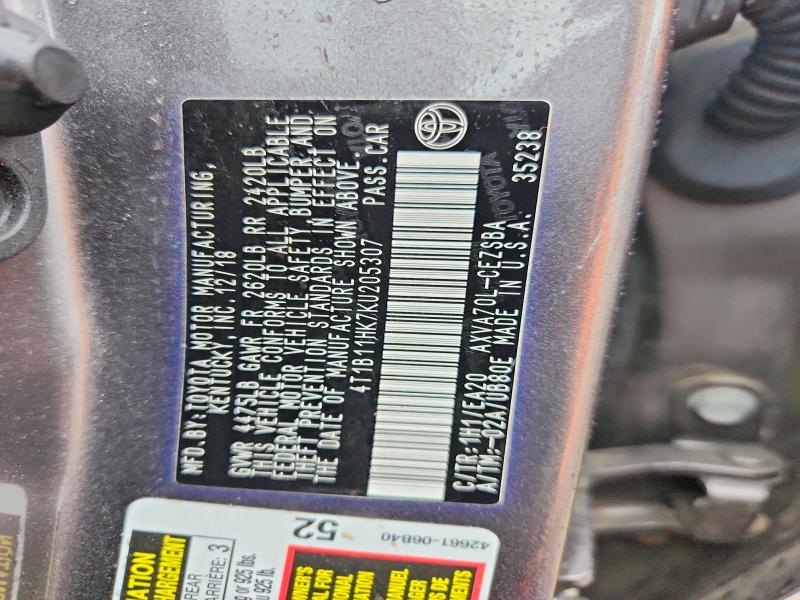 2019 Toyota Camry მანქანა იყიდება აუქციონზე, vin: 4T1B11HK7KU205307, აუქციონის ნომერი: 68069296