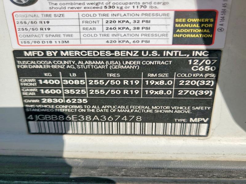 Aukcja sprzedaży 2008 Mercedes-benz Ml, vin: 4JGBB86E38A367478, numer aukcji: 69396316