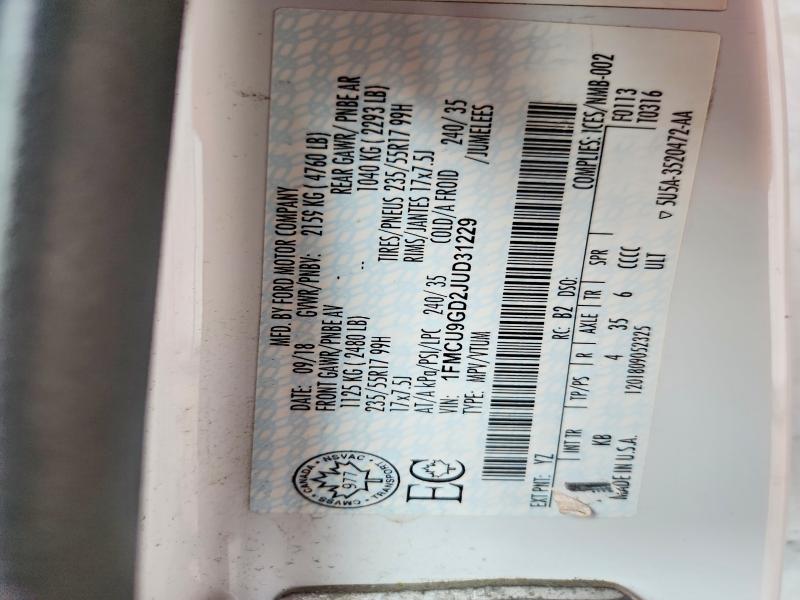 2018 Ford Escape მანქანა იყიდება აუქციონზე, vin: 1FMCU9GD2JUD31229, აუქციონის ნომერი: 70558036