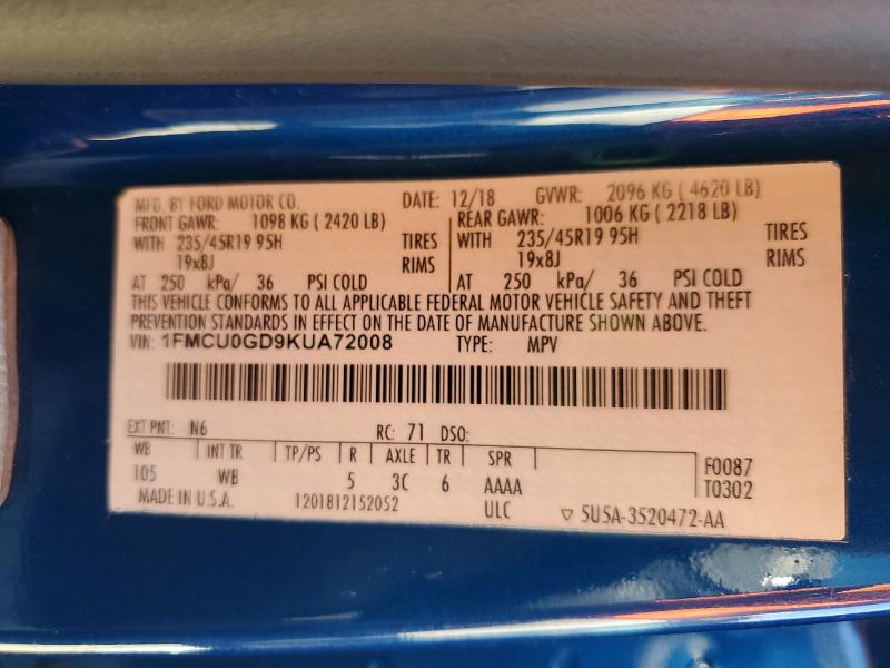 2019 Ford Escape მანქანა იყიდება აუქციონზე, vin: 1FMCU0GD9KUA72008, აუქციონის ნომერი: 69416616