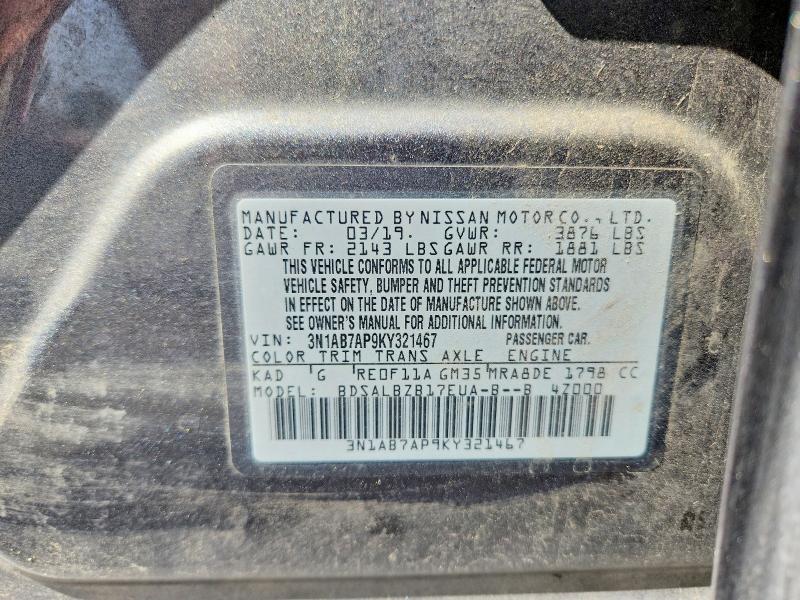 69350756 :رقم المزاد ، 3N1AB7AP9KY321467 vin ، 2019 Nissan Sentra مزاد بيع
