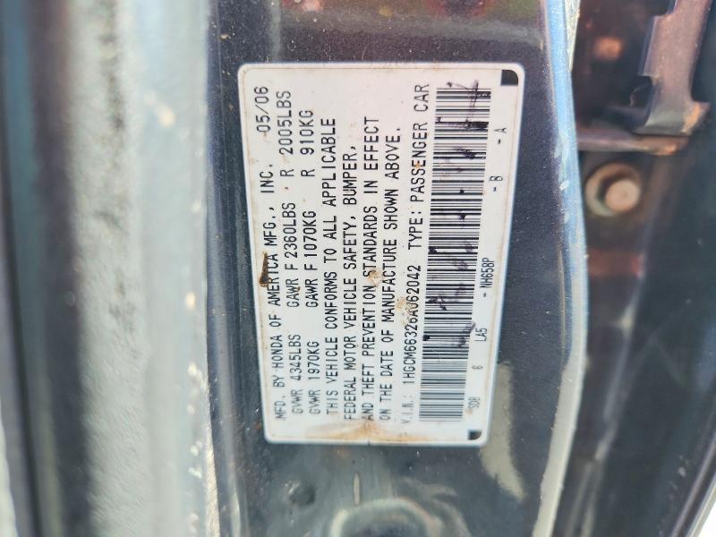 2006 Honda Accord მანქანა იყიდება აუქციონზე, vin: 1HGCM66326A062042, აუქციონის ნომერი: 66854236