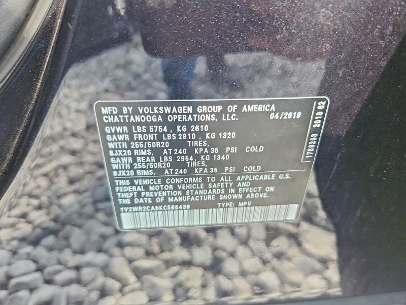67351316 :رقم المزاد ، 1V2WR2CA5KC565439 vin ، 2019 Volkswagen Atlas مزاد بيع