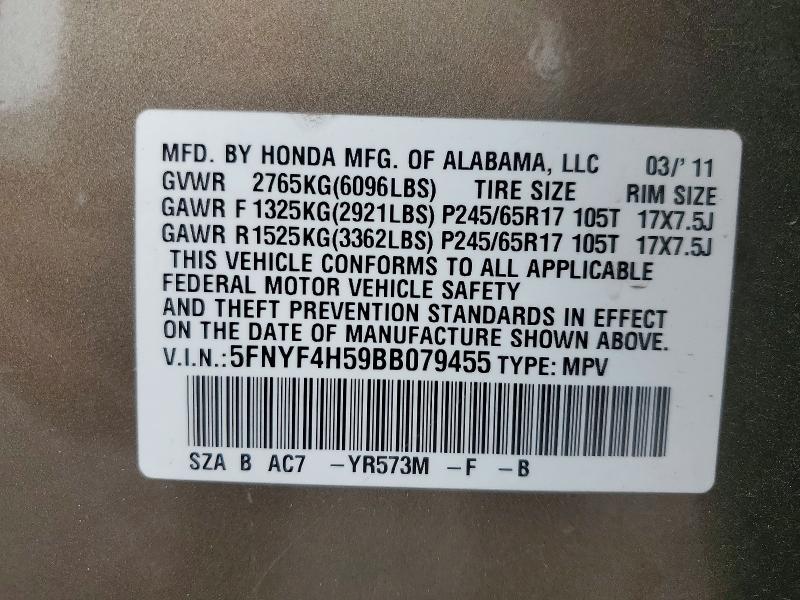70016056 :رقم المزاد ، 5FNYF4H59BB079455 vin ، 2011 Honda Pilot مزاد بيع