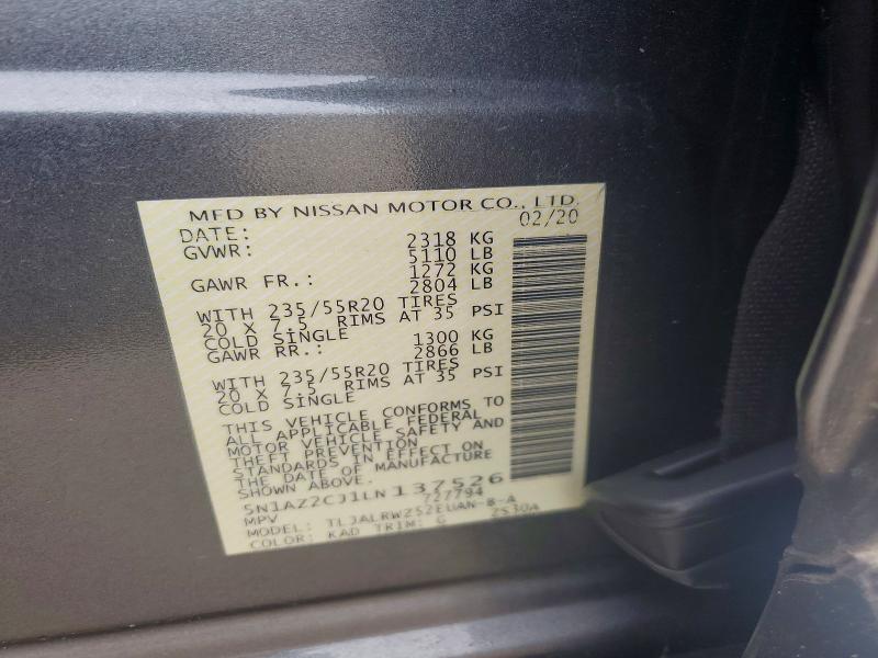 70505996 :رقم المزاد ، 5N1AZ2CJ1LN137526 vin ، 2020 Nissan Murano مزاد بيع
